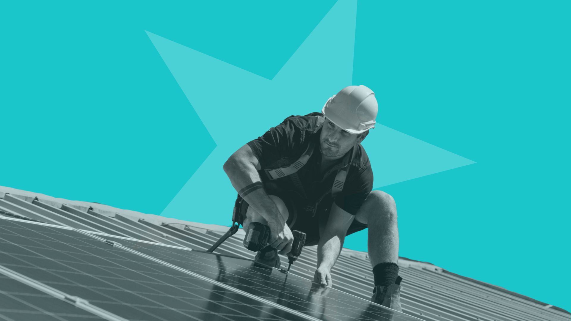 A graphic of a man installing solar panels with a blue star in the background